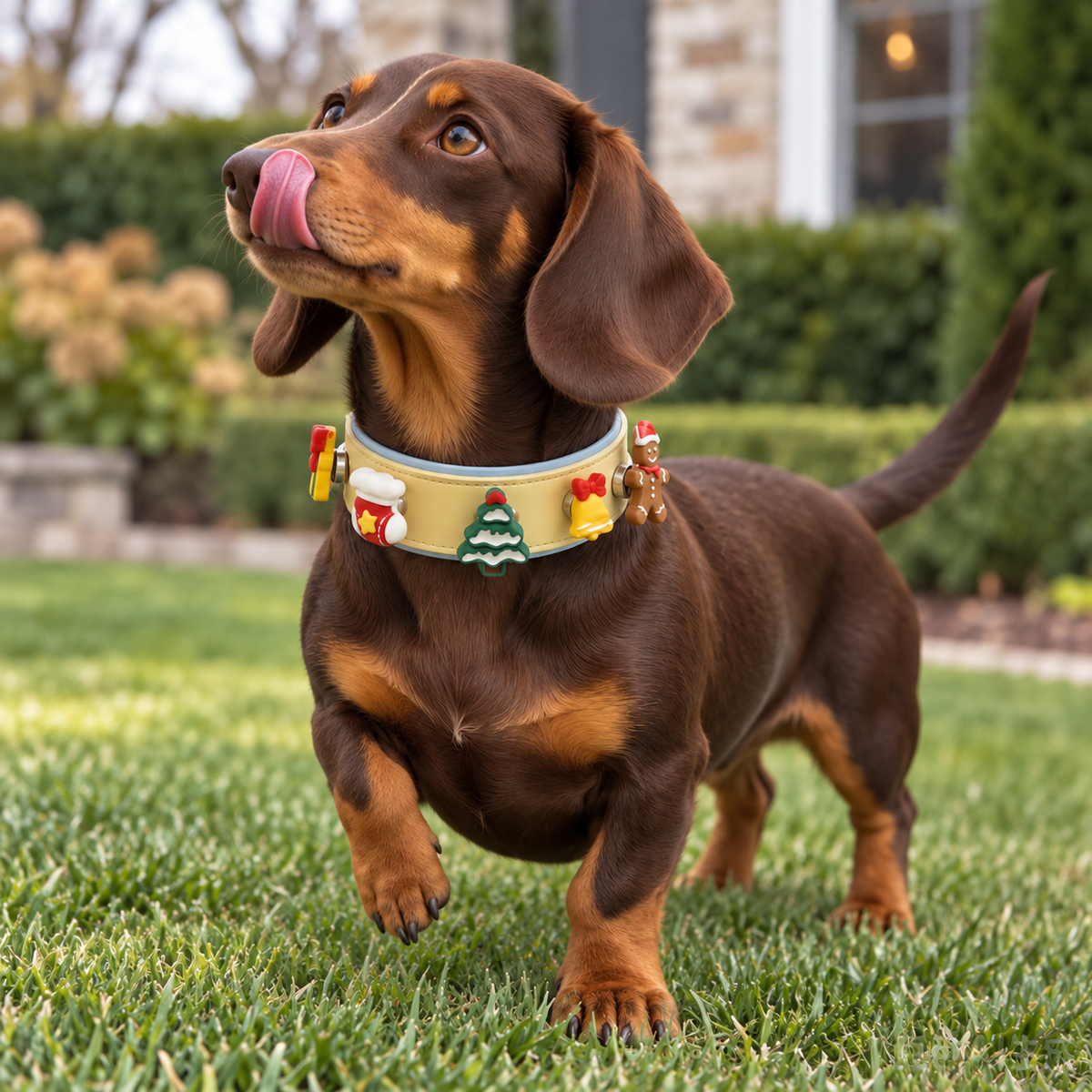 Dachshund wearing festive Christmas dog collar charms on a Petiria interchangeable collar outdoors