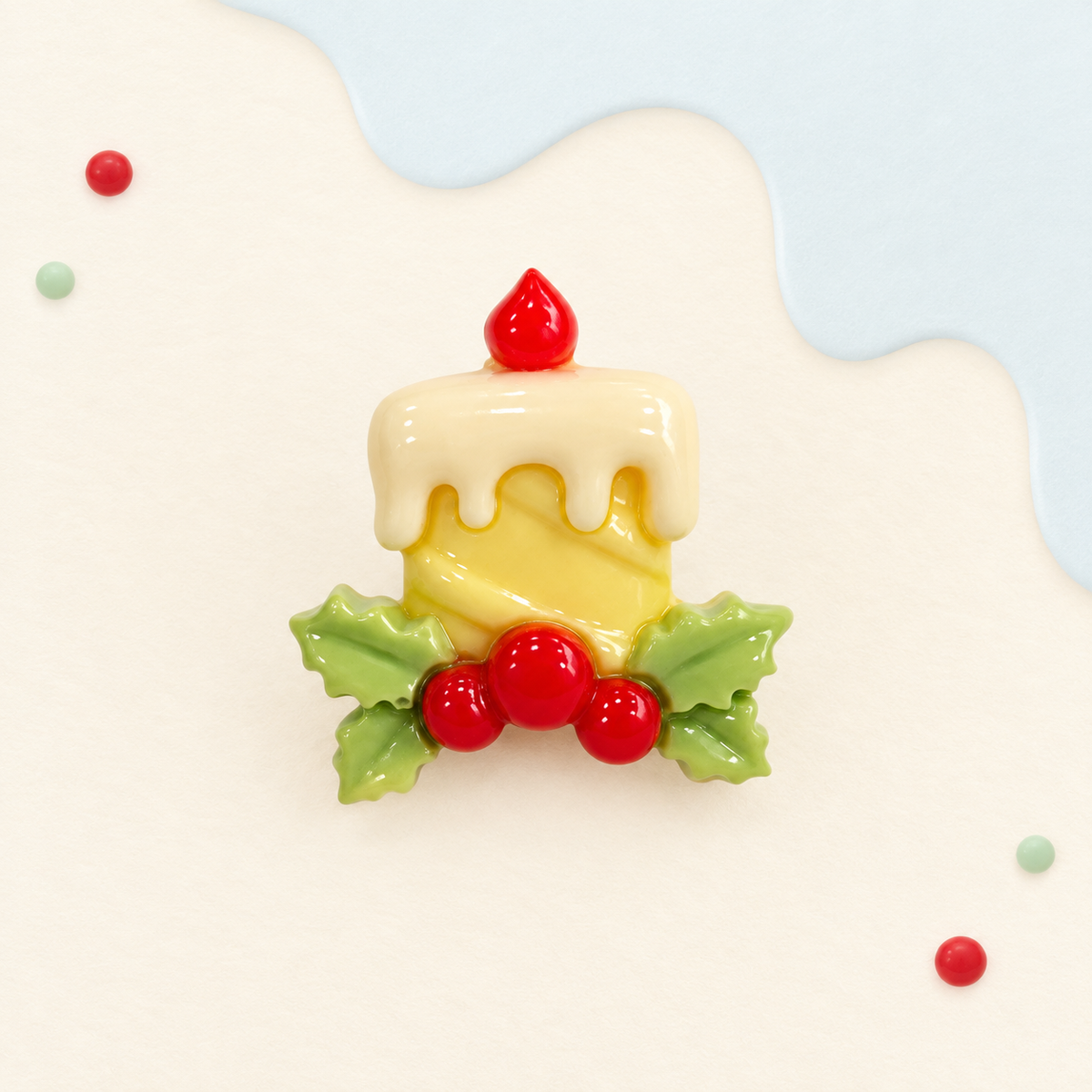 Christmas candle dog collar charm with holly leaves, red berries and festive icing-style details