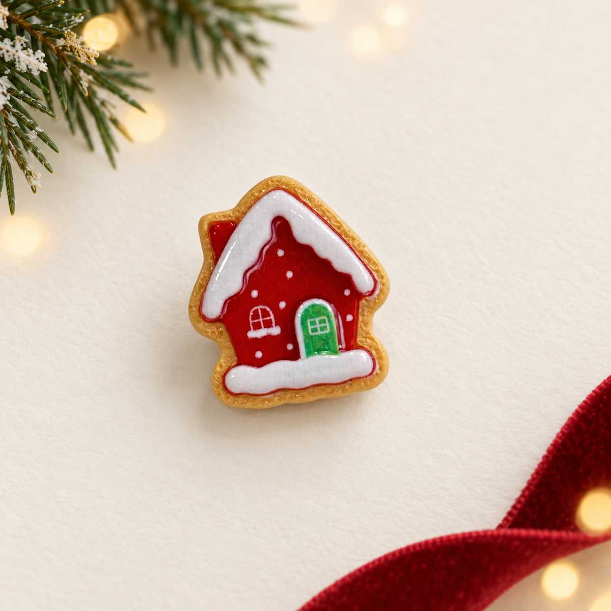 Red Christmas house cookie dog collar charm with white icing and colorful holiday details