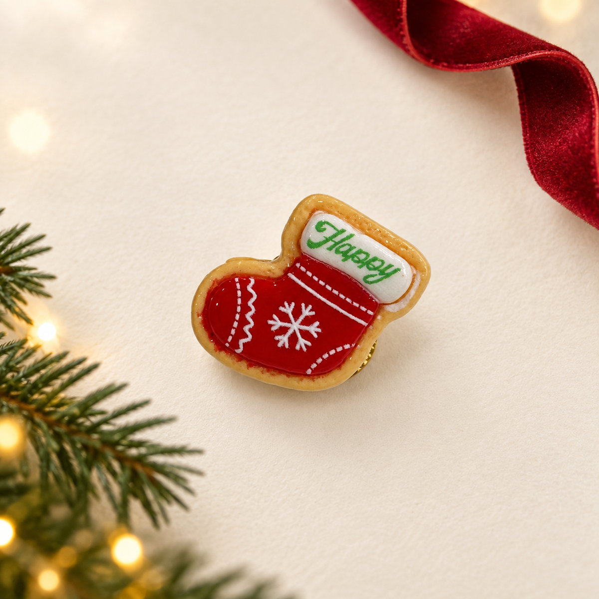 Red Christmas mitten cookie dog collar charm with white snowflake and festive icing details