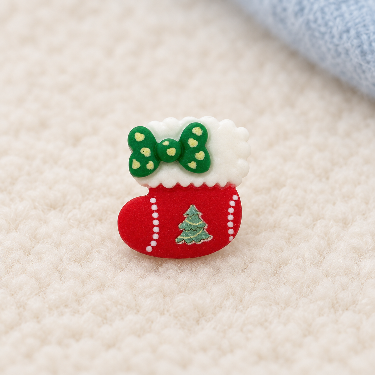 Red Christmas mitten dog collar charm with green bow, white cuff and Christmas tree detail for festive styling