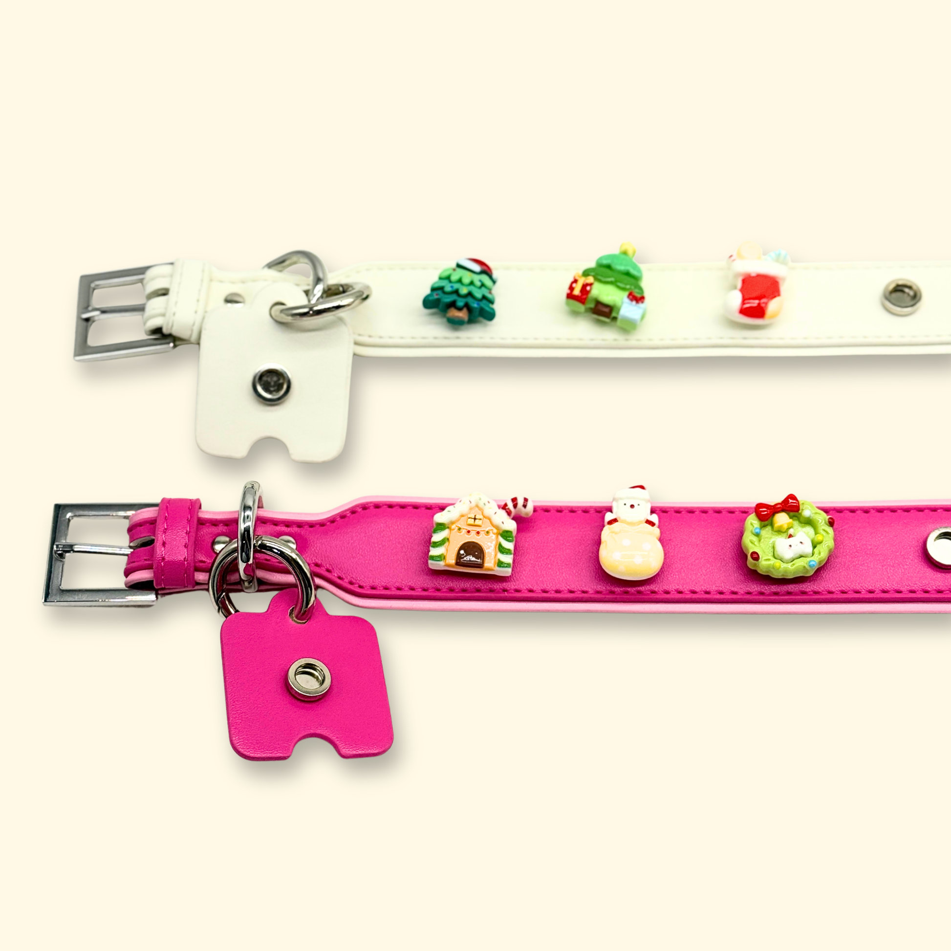 Lovely Christmas-themed pet collar charms with Christmas tree, Santa, and gift elements, perfect for adding festive cheer to your dog or cat's outfit.