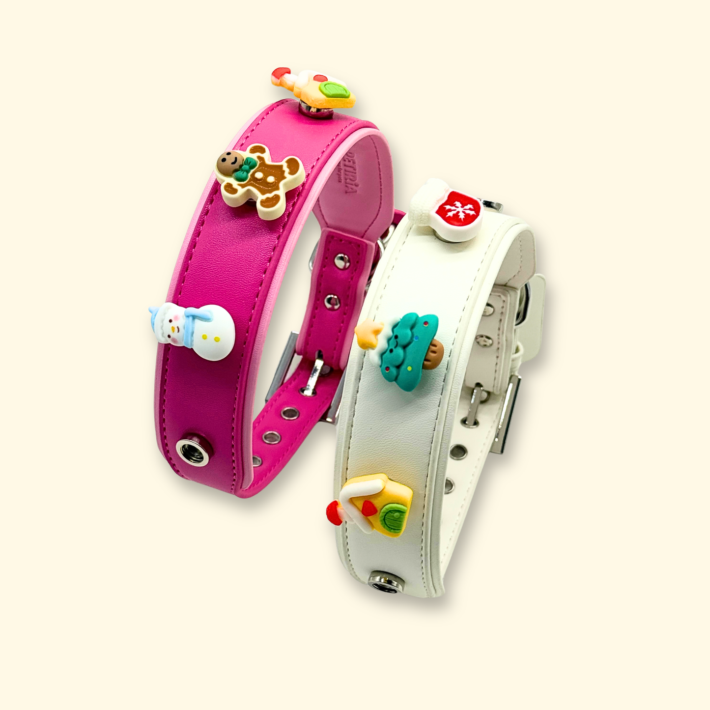 Christmas Pet Collar Charms featuring Gingerbread Man, Snowman, Christmas Tree, and Stocking. Cute Holiday Accessories for Dogs and Cats.
