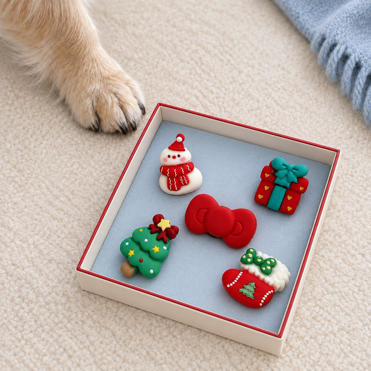 Christmas gift for dogs featuring snowman, tree, gift box, red bow and mitten collar charms in a festive gift box