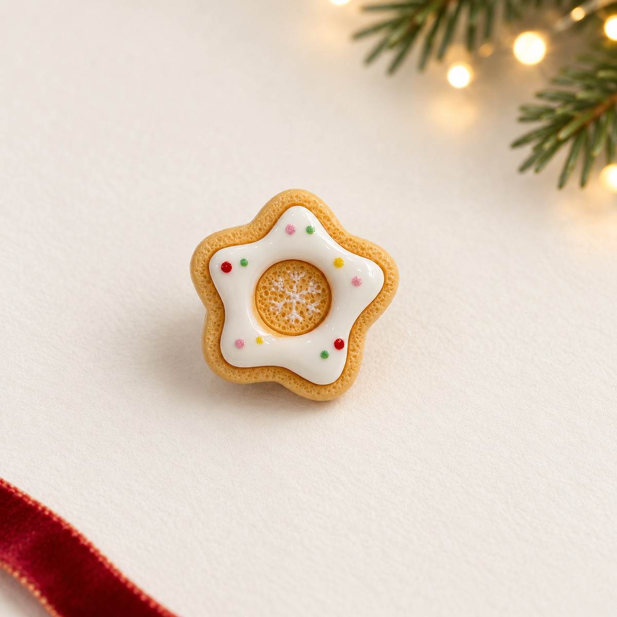 Star-shaped Christmas cookie dog collar charm with white icing, colorful sprinkles and snowflake detail