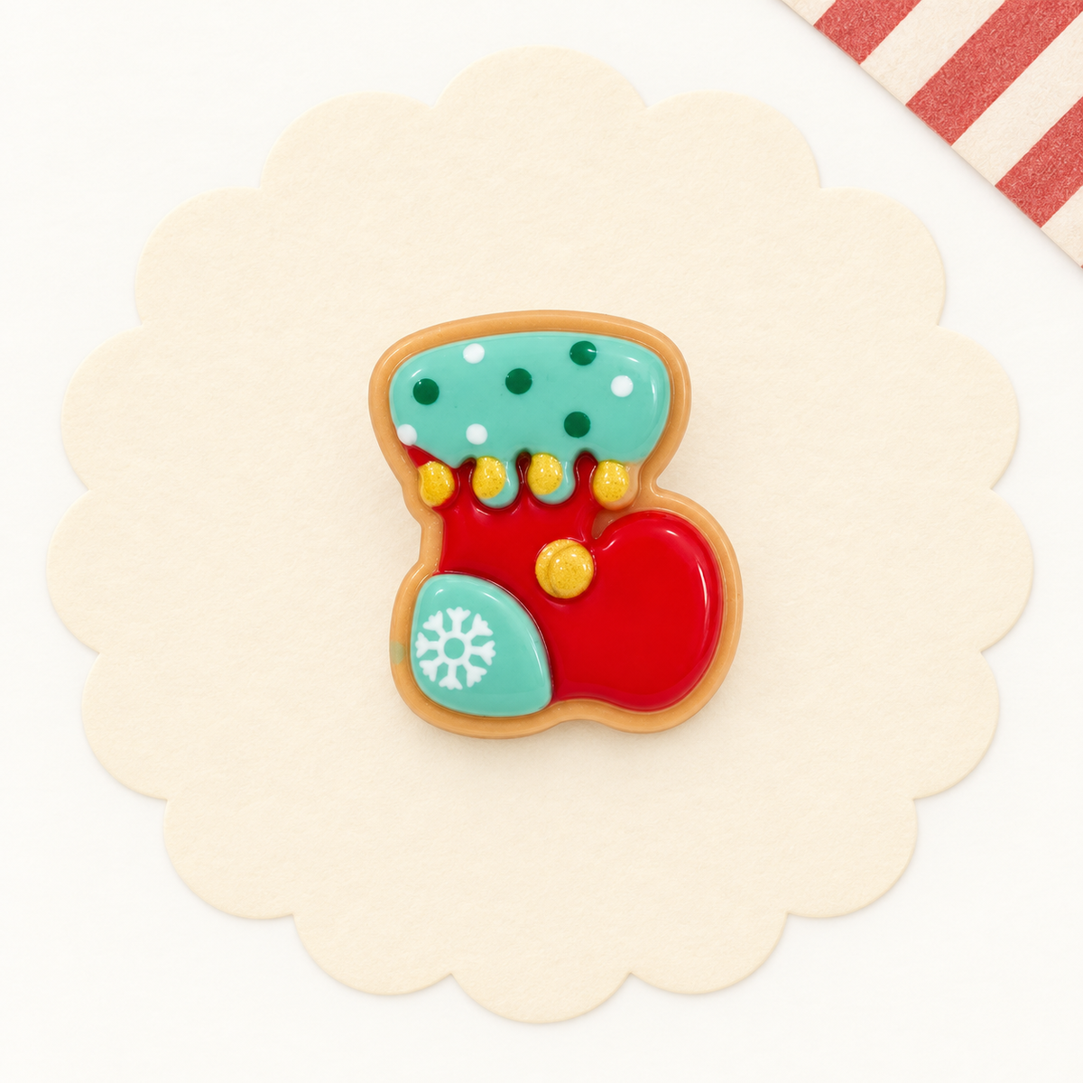 Red Christmas stocking dog collar charm with turquoise cuff, snowflake and festive ornament details