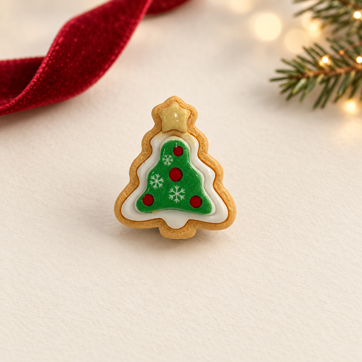 Christmas tree cookie dog collar charm with green icing, red ornaments and white festive details