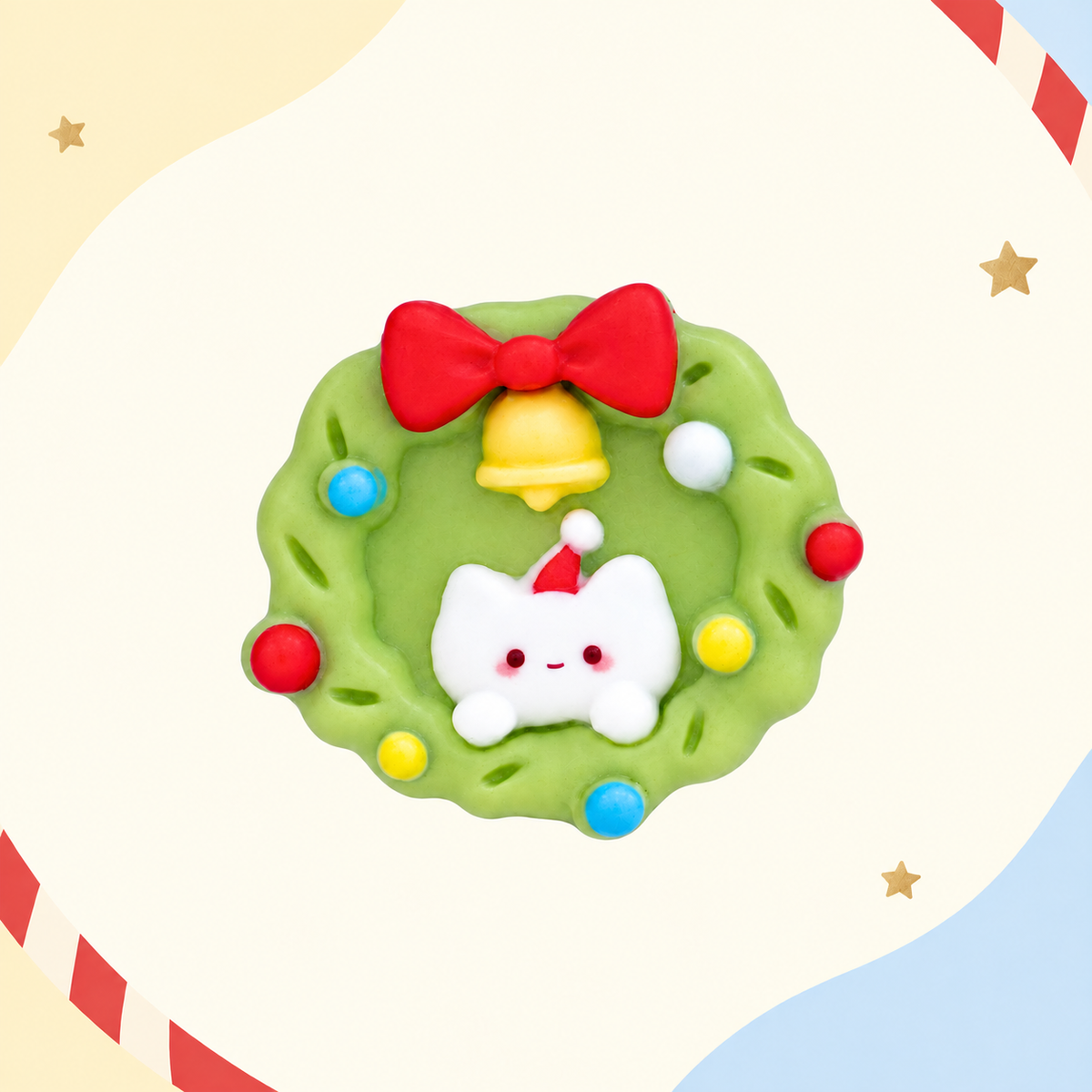 Green Christmas wreath dog collar charm with a red bow, ornaments and cute white character detail
