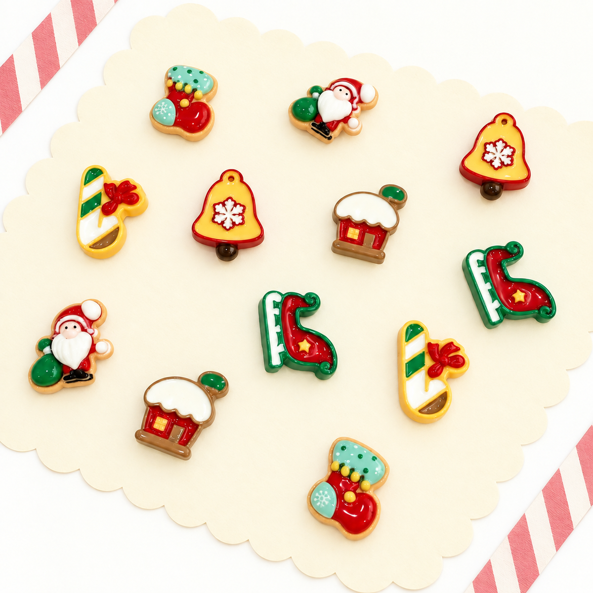 Classic Christmas dog collar charms featuring Santa Claus, candy cane, snowflake bell, stocking, ice skate and snowy Christmas house