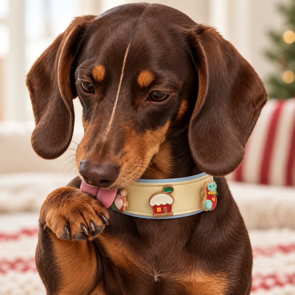 Dachshund wearing classic Christmas dog collar charms including a snowy house and Christmas stocking on a Petiria collar