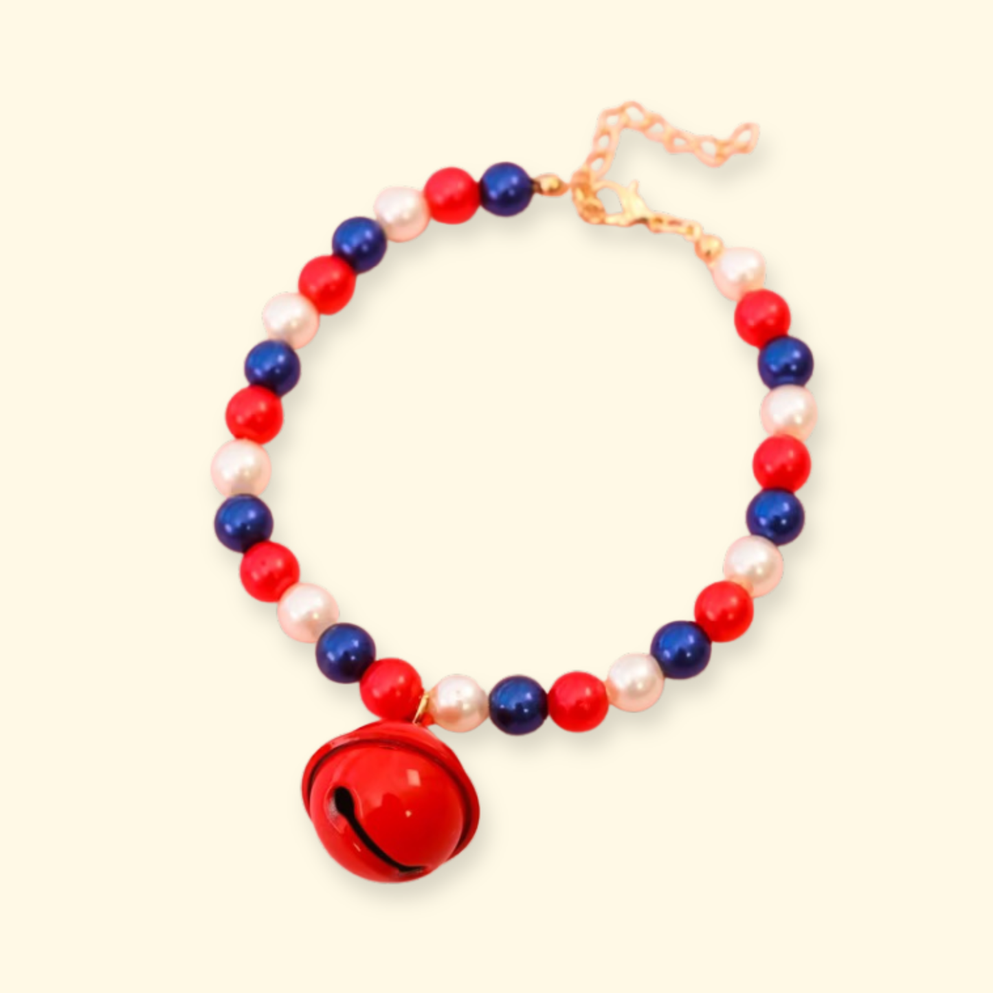 Red white and blue beaded dog necklace with large bell charm for patriotic dog accessories and holiday pet outfits