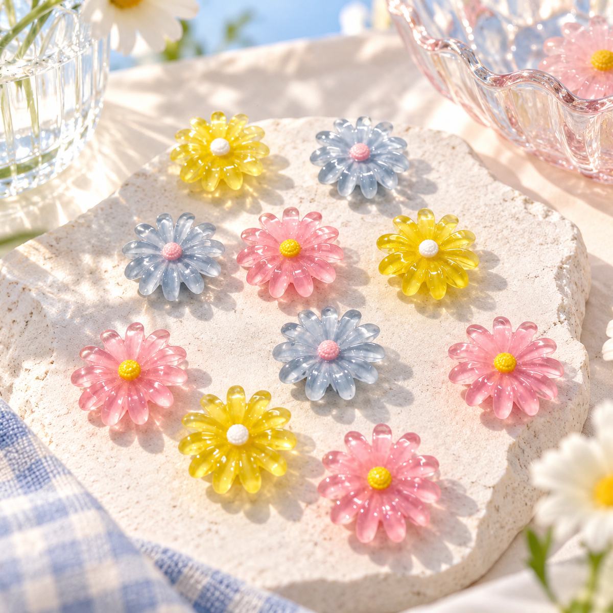 Colorful daisy dog collar charm collection featuring blue, pink and yellow translucent flowers