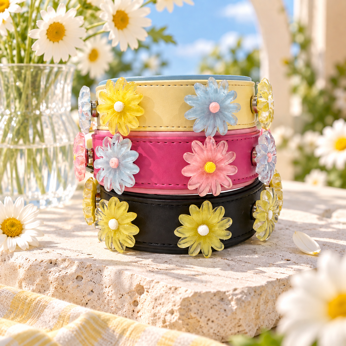Colorful daisy dog collar charms in blue, pink and yellow styled on PETIRIA collars