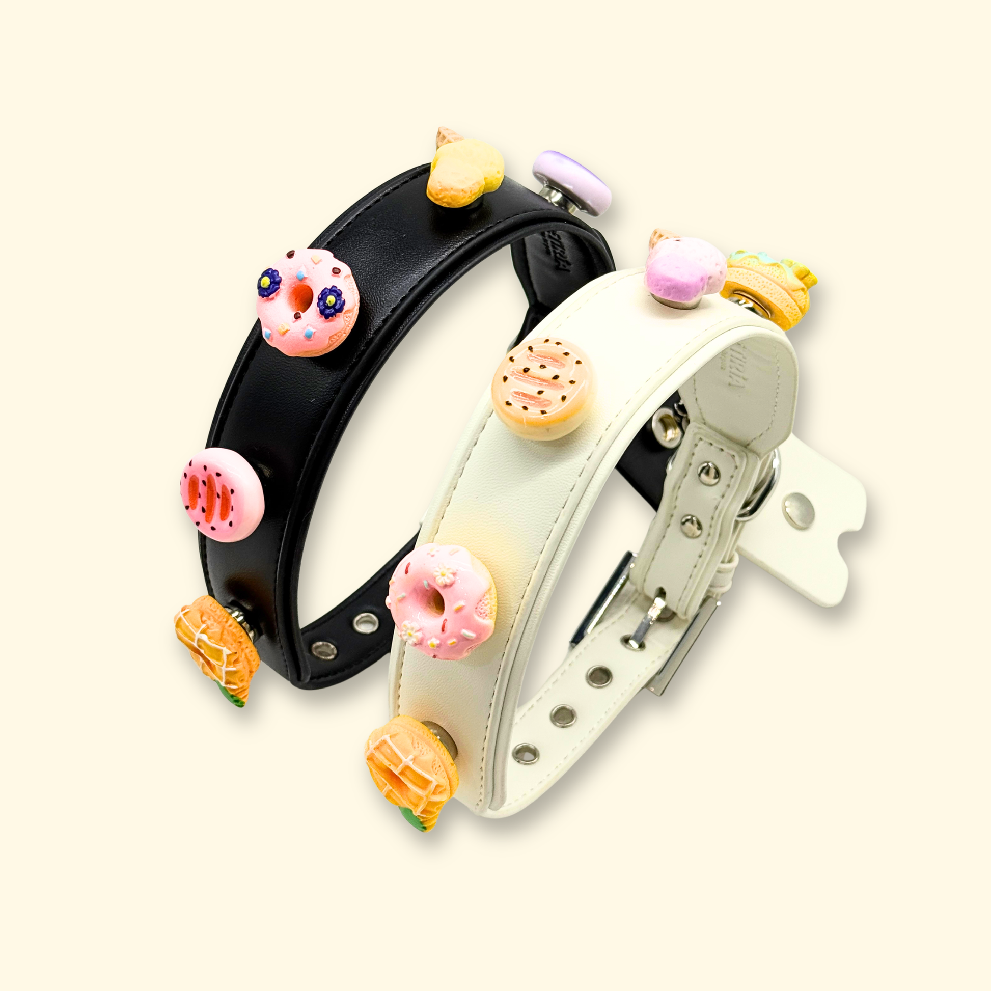 Black and white pet collars with colorful donut and ice cream charms