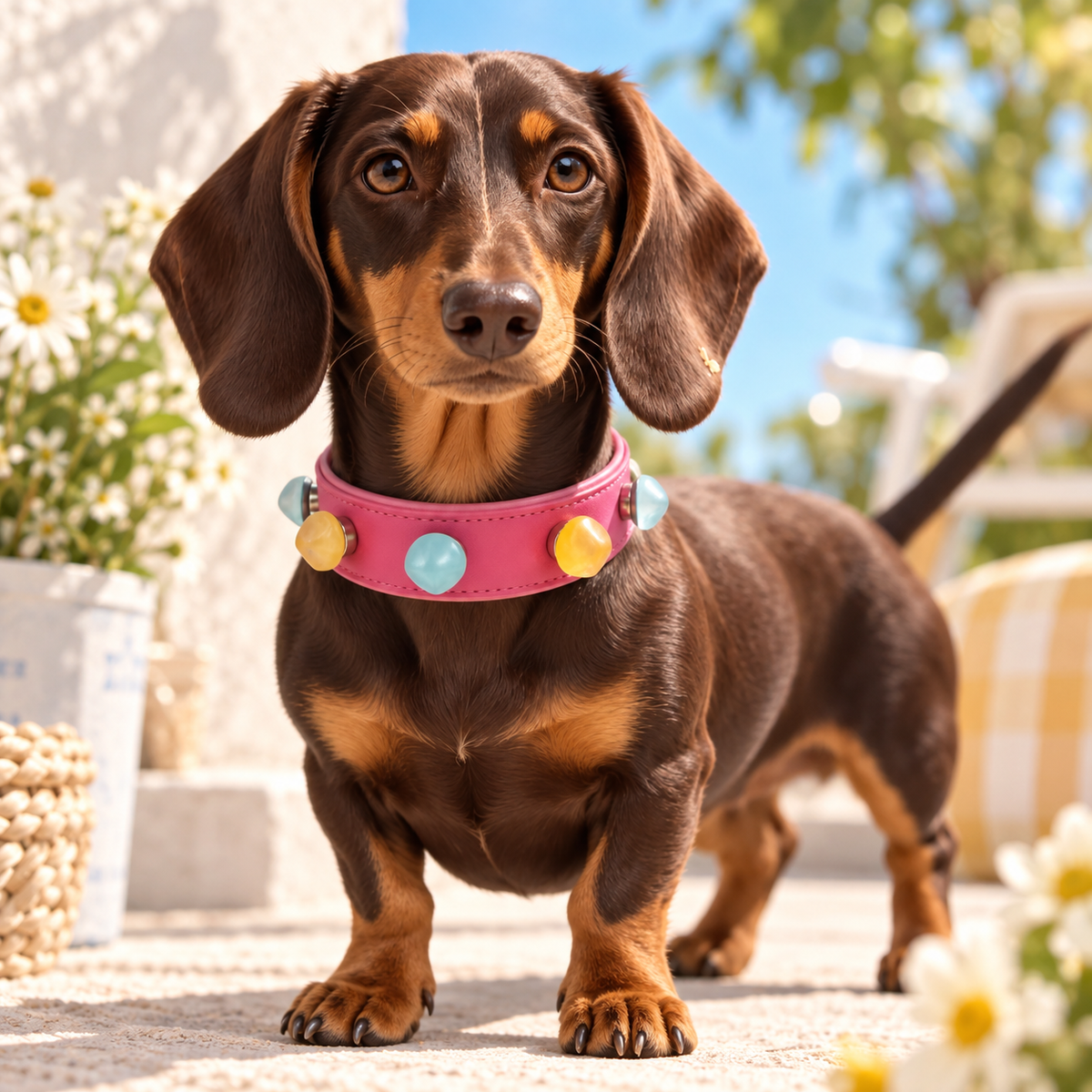 Dachshund wearing a pink collar styled with blue and yellow Color Pop dog collar charms