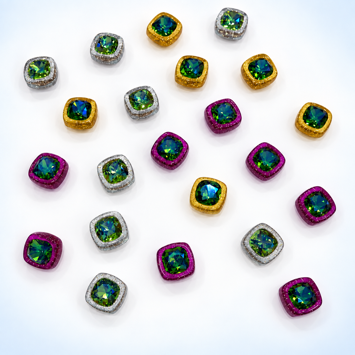 Colorful gem dog collar charms with green faceted stones in purple, gold and silver-tone frames