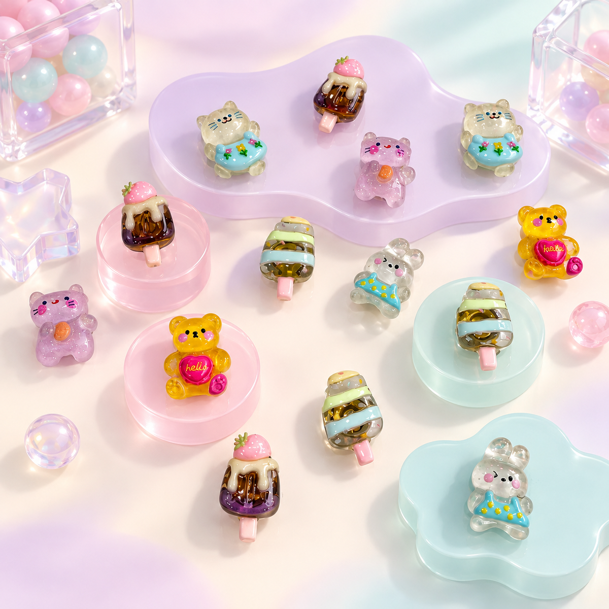 Colorful kawaii dog collar charm collection featuring cats, bunny, teddy bear and sweet treat designs