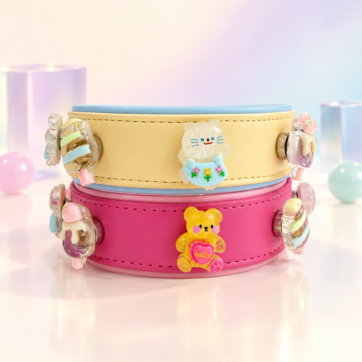 Colorful kawaii dog collar charms with cute animal and sweet treat designs styled on yellow and pink PETIRIA collars
