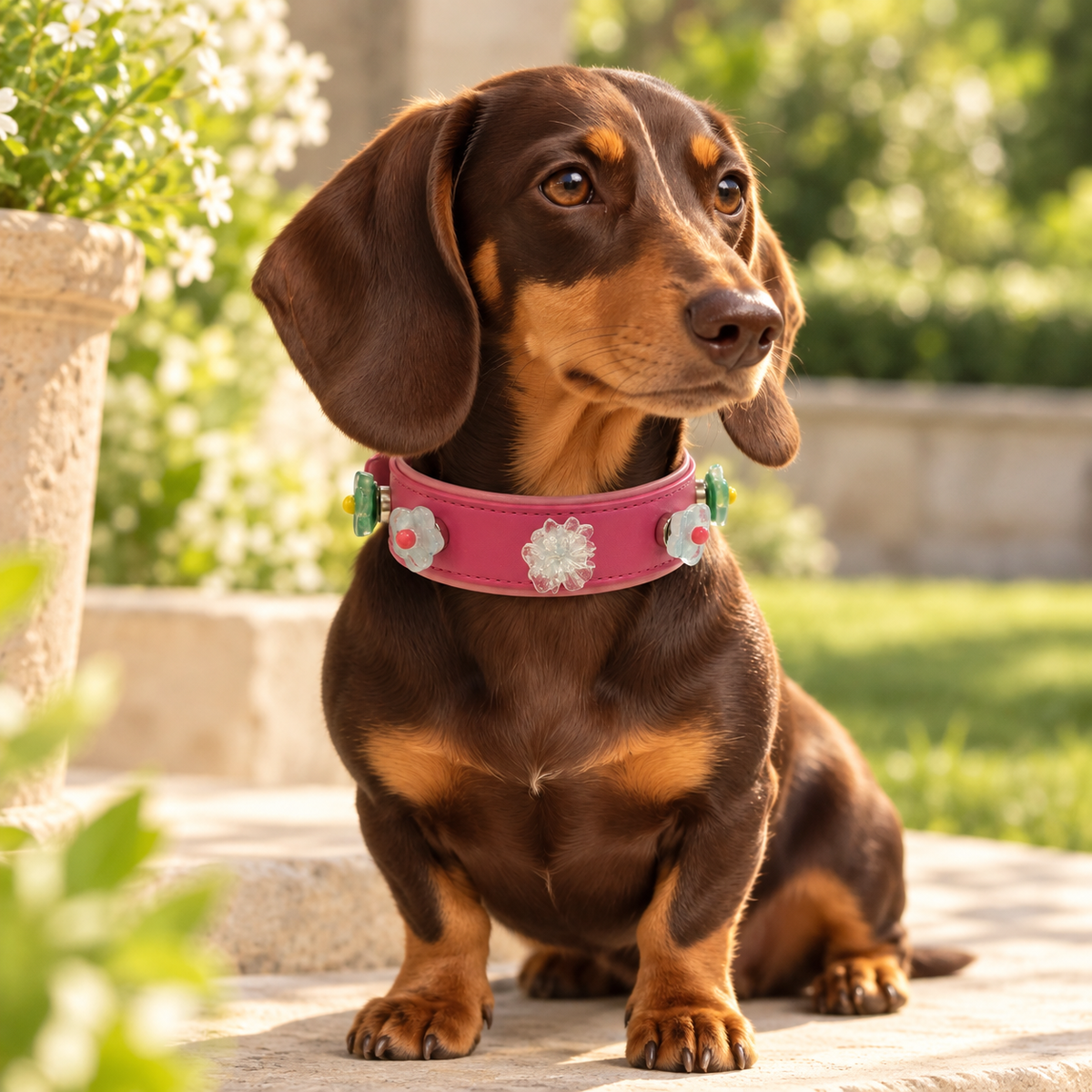 Dachshund wearing a pink PETIRIA collar styled with colorful mini flower dog collar charms