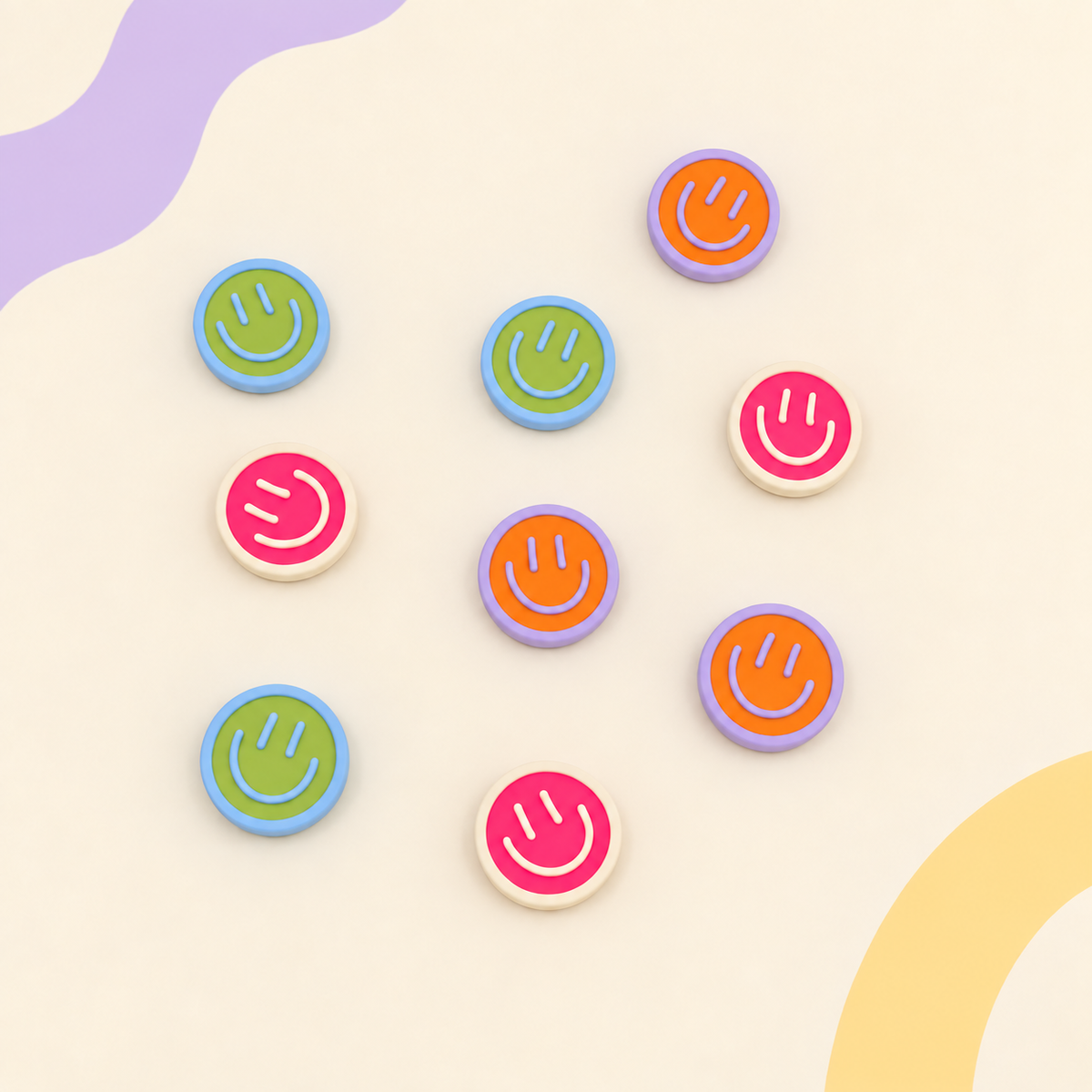 Colorful smiley face dog collar charms in pink, green, orange and black designs