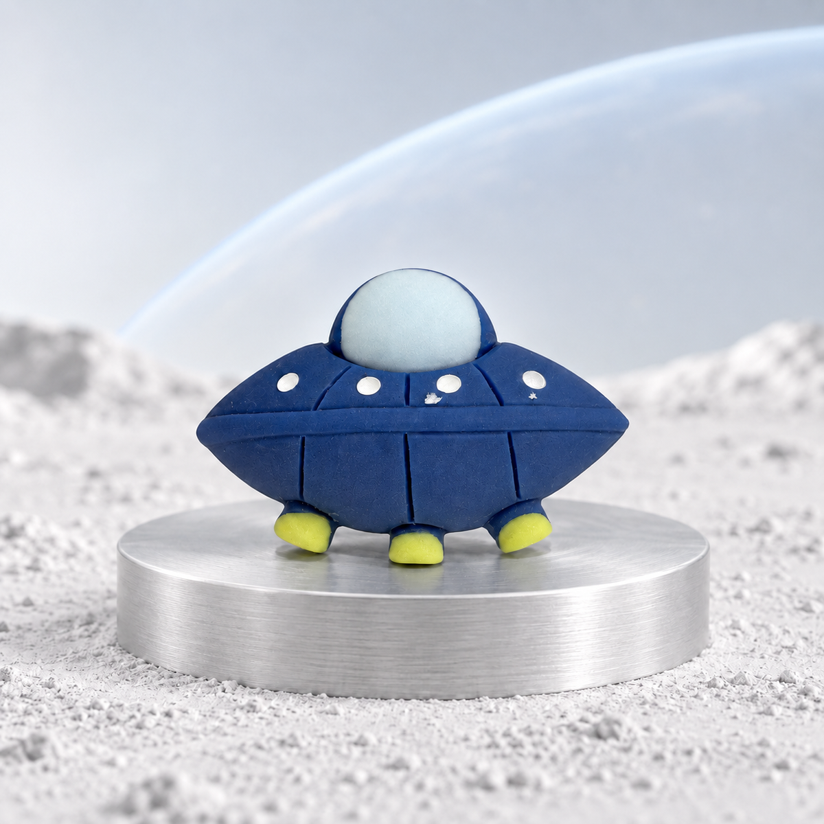 Cosmic UFO dog collar charm with a navy blue spaceship, light blue dome and lime green details