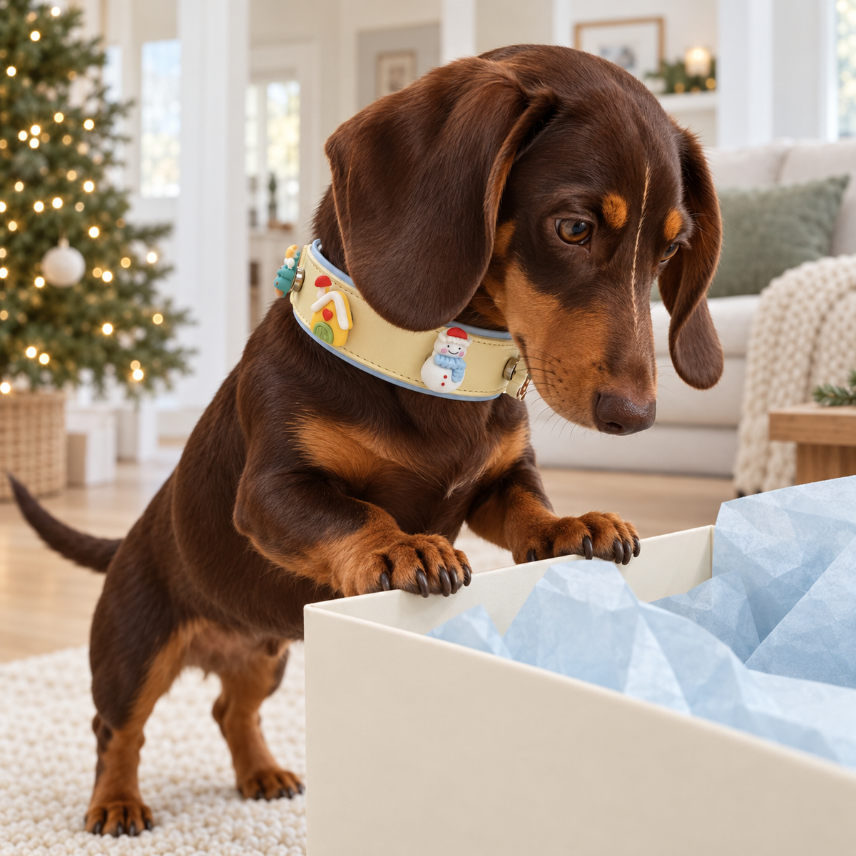 Dachshund beside a gift box of cozy Christmas dog collar charms for festive winter holiday styling