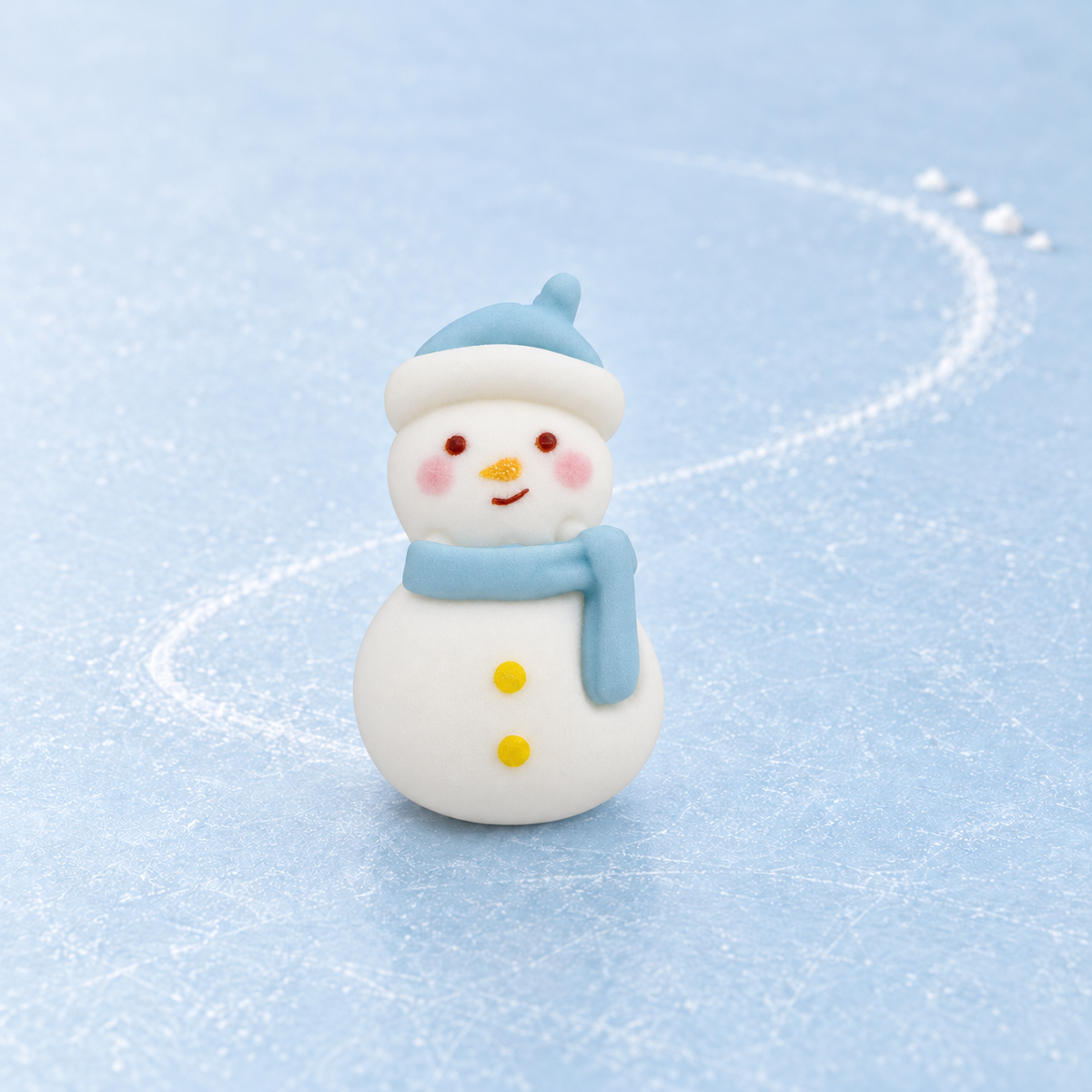 Cute snowman dog collar charm wearing a light blue winter hat and scarf for cozy Christmas styling