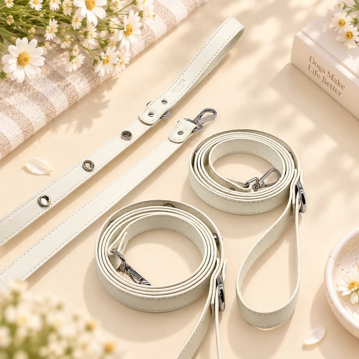 Cream PETIRIA interchangeable dog leashes with metal hardware and hands-free loop design