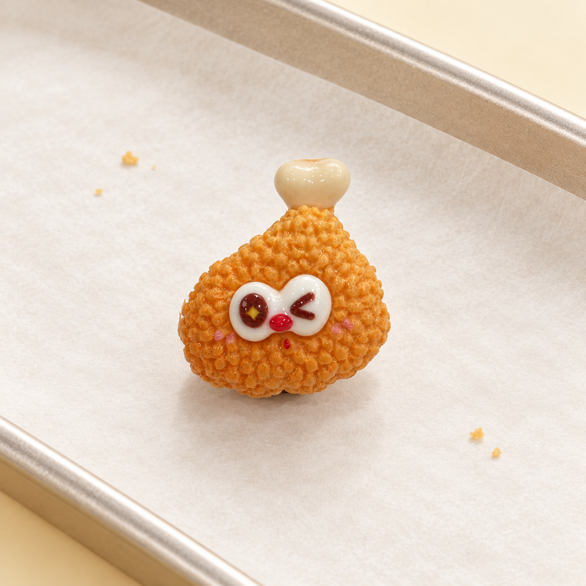 Crispy Drumstick dog collar charm with a golden textured coating, cute cartoon face and bone detail