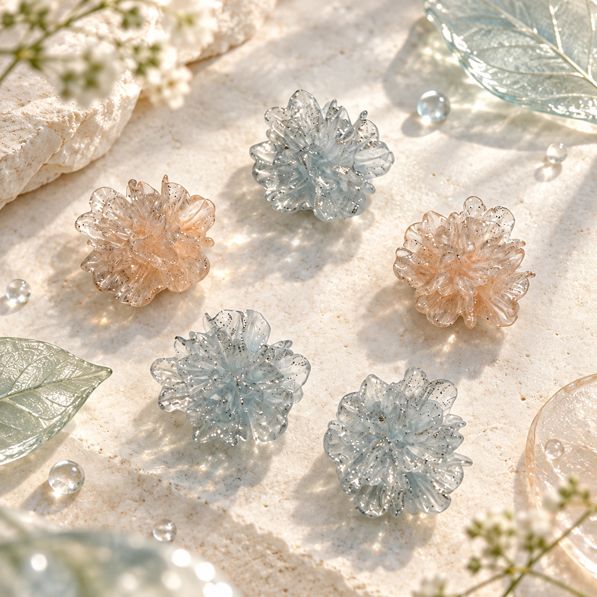 Crystal Blossom dog collar charms featuring translucent ice blue and blush pink floral designs