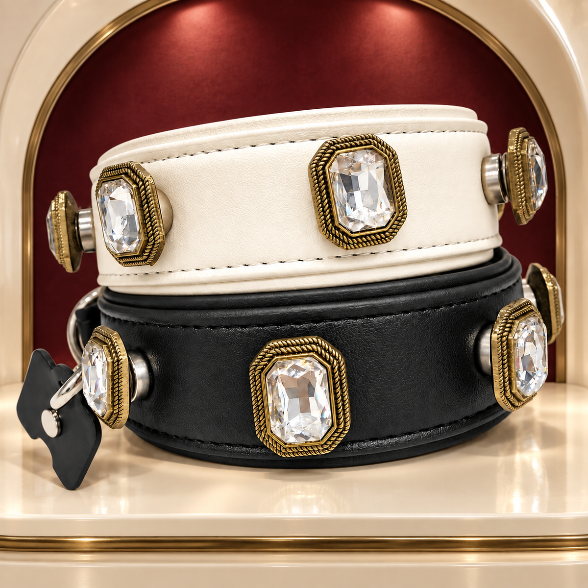 Crystal dog collar charms with vintage gold-tone frames styled on black and white PETIRIA collars
