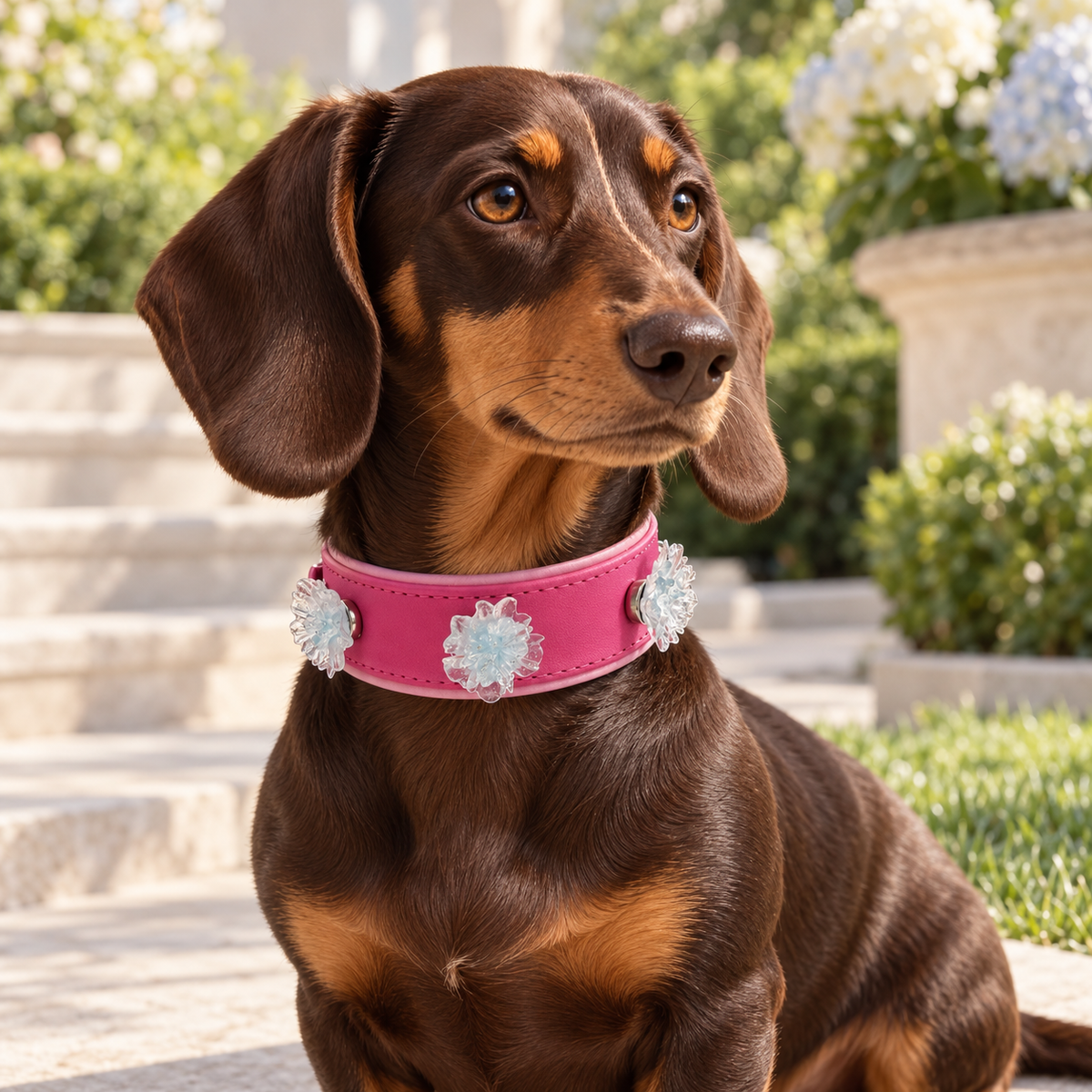 Dachshund wearing a pink collar styled with translucent crystal flower dog collar charms