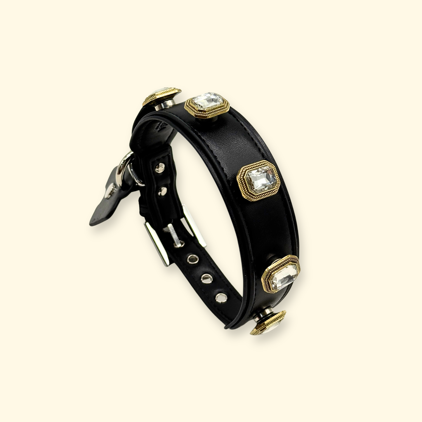 Black leather dog collar with gold framed crystal snap-on gem stones, luxury adjustable pet collar accessory for interchangeable styling system