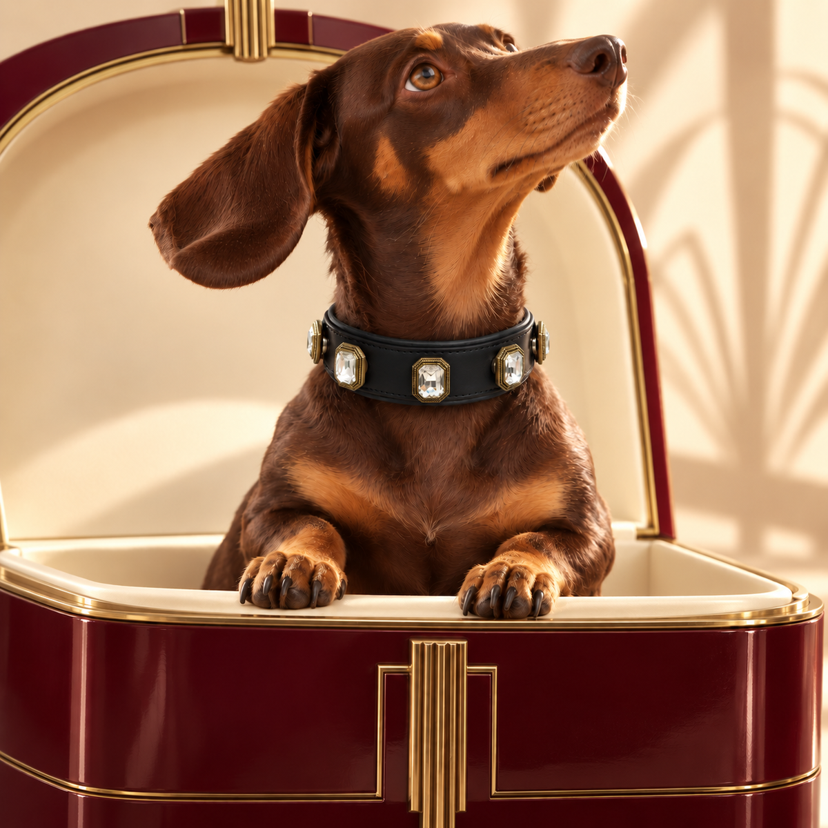 Dachshund wearing a black collar styled with crystal gem dog collar charms