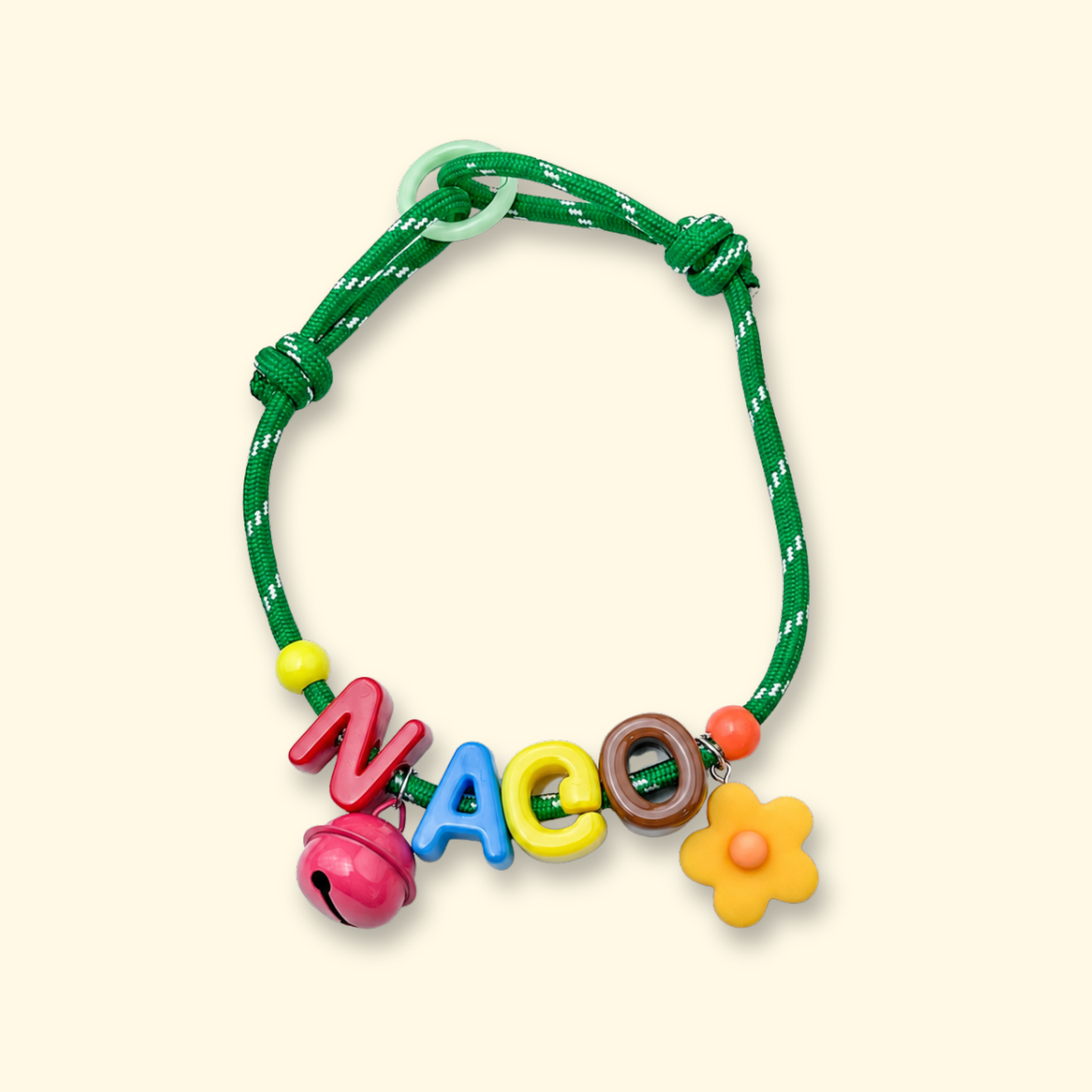 Personalized dog collar with colorful NACO letter charms, custom pet name collar with interchangeable alphabet letters and flower charm