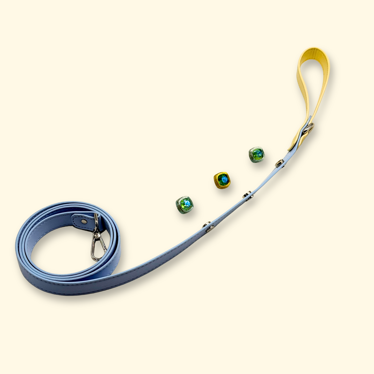 Butter yellow and sky blue dog leash with removable interchangeable charms