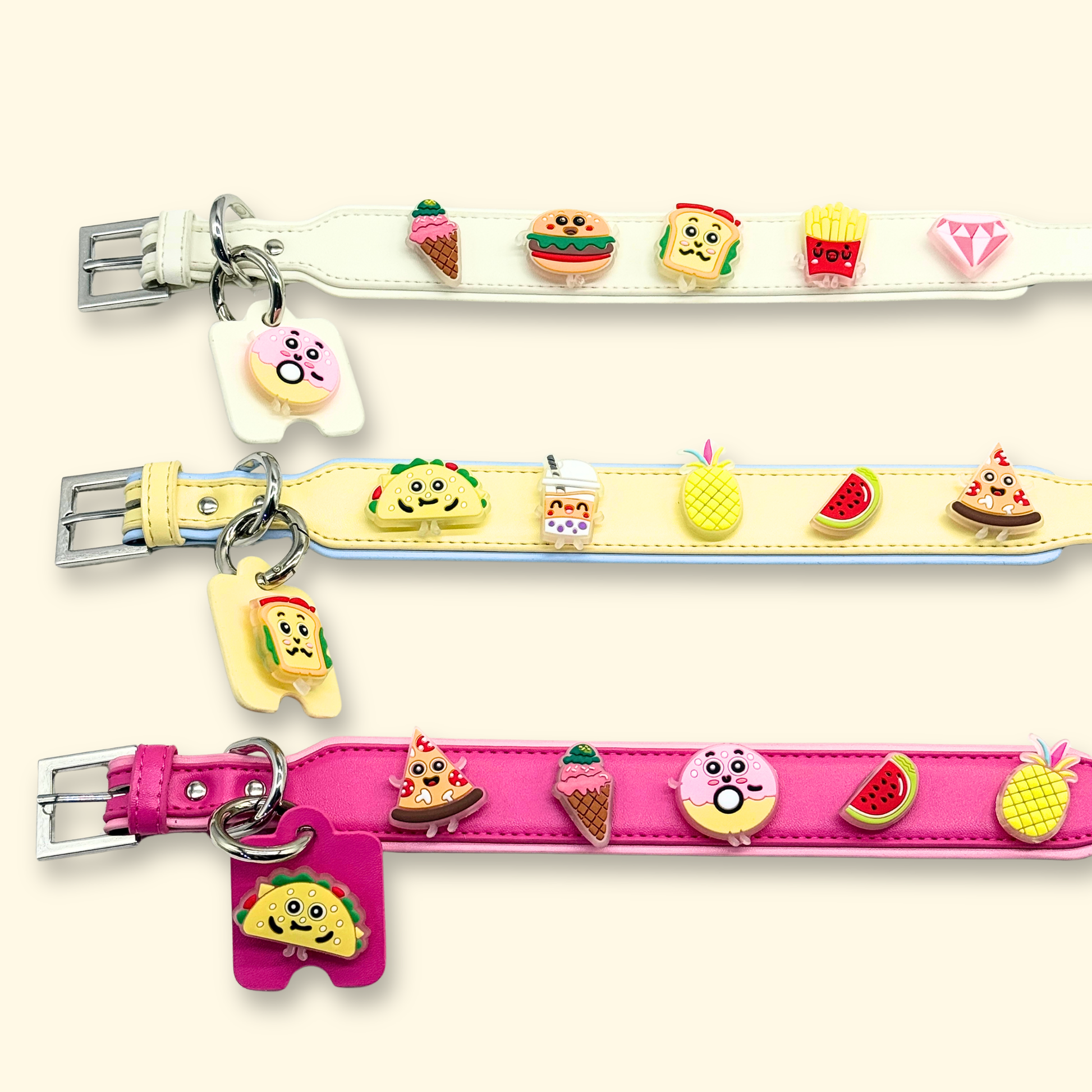 colorful interchangeable dog collars with cute food charms for dogs