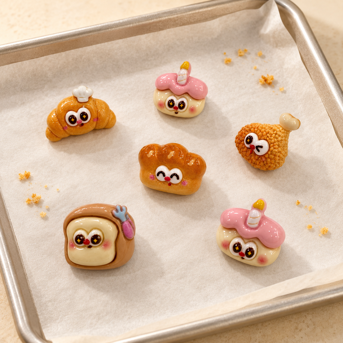 Cute bakery dog collar charms featuring toast, bread roll, croissant, birthday pastry and crispy drumstick designs