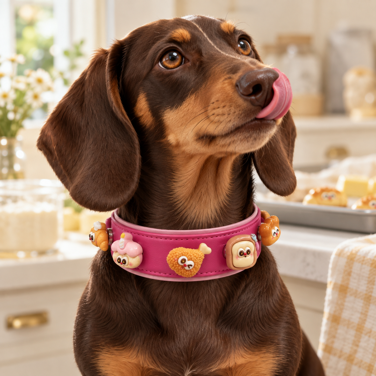 Dachshund wearing a pink PETIRIA collar styled with cute bakery dog collar charms