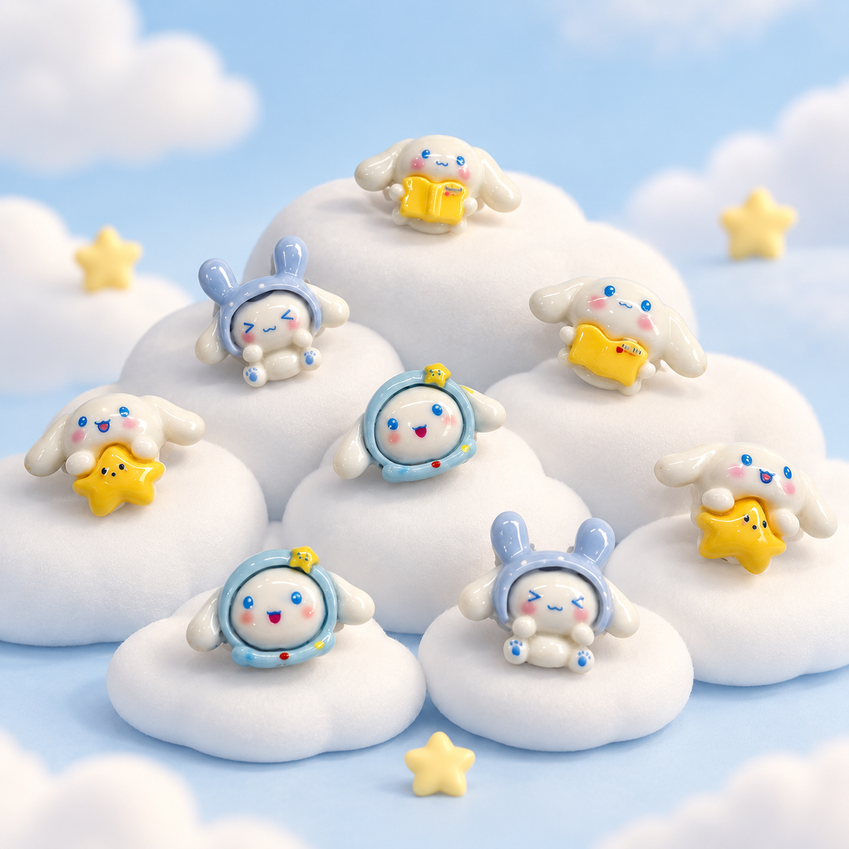 Cute bunny dog collar charm collection featuring pastel blue, white and yellow rabbit character designs