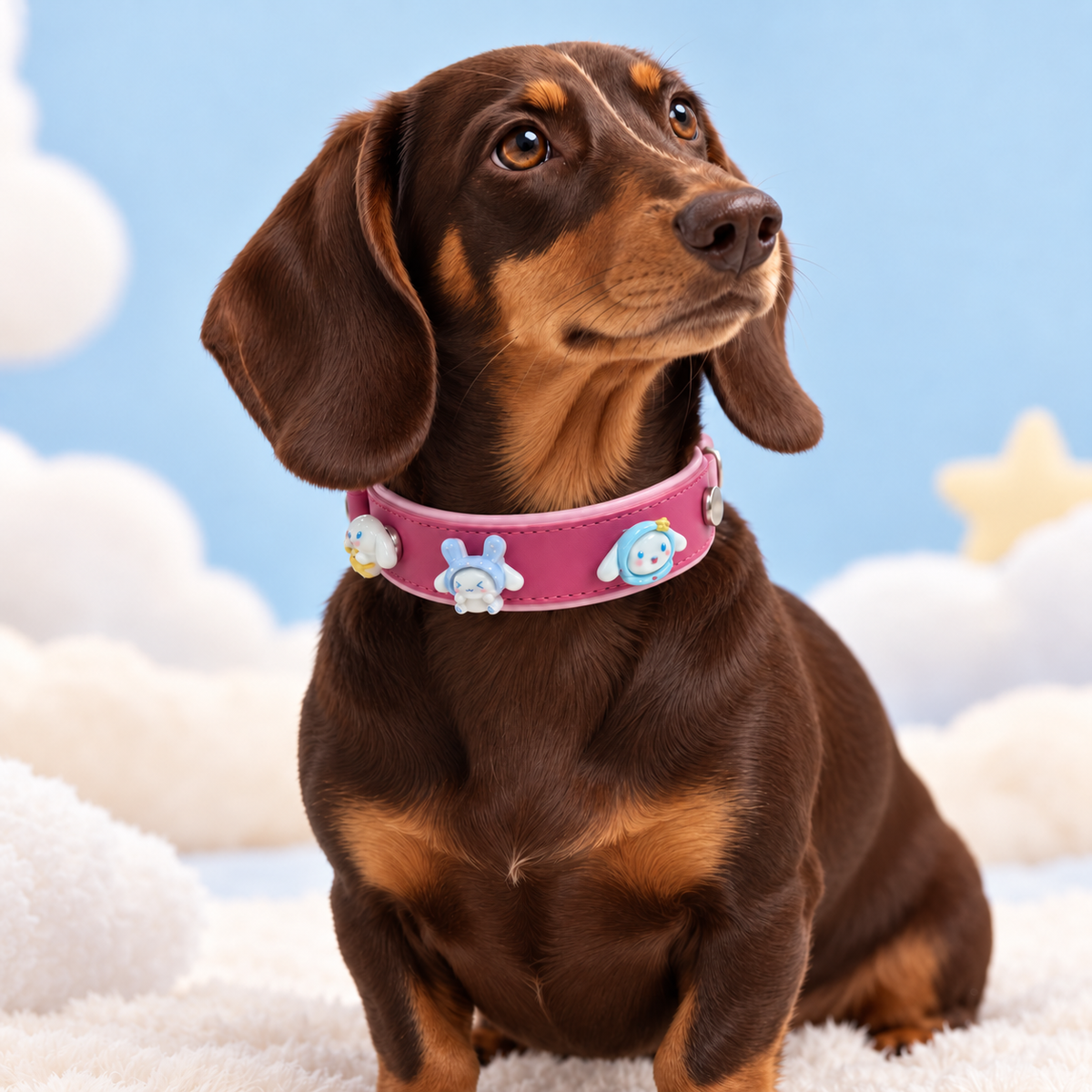 Dachshund wearing a pink collar styled with cute bunny dog collar charms in pastel blue and white