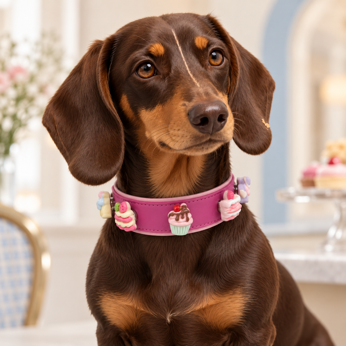 Dachshund wearing a pink collar styled with cute cake dog collar charms