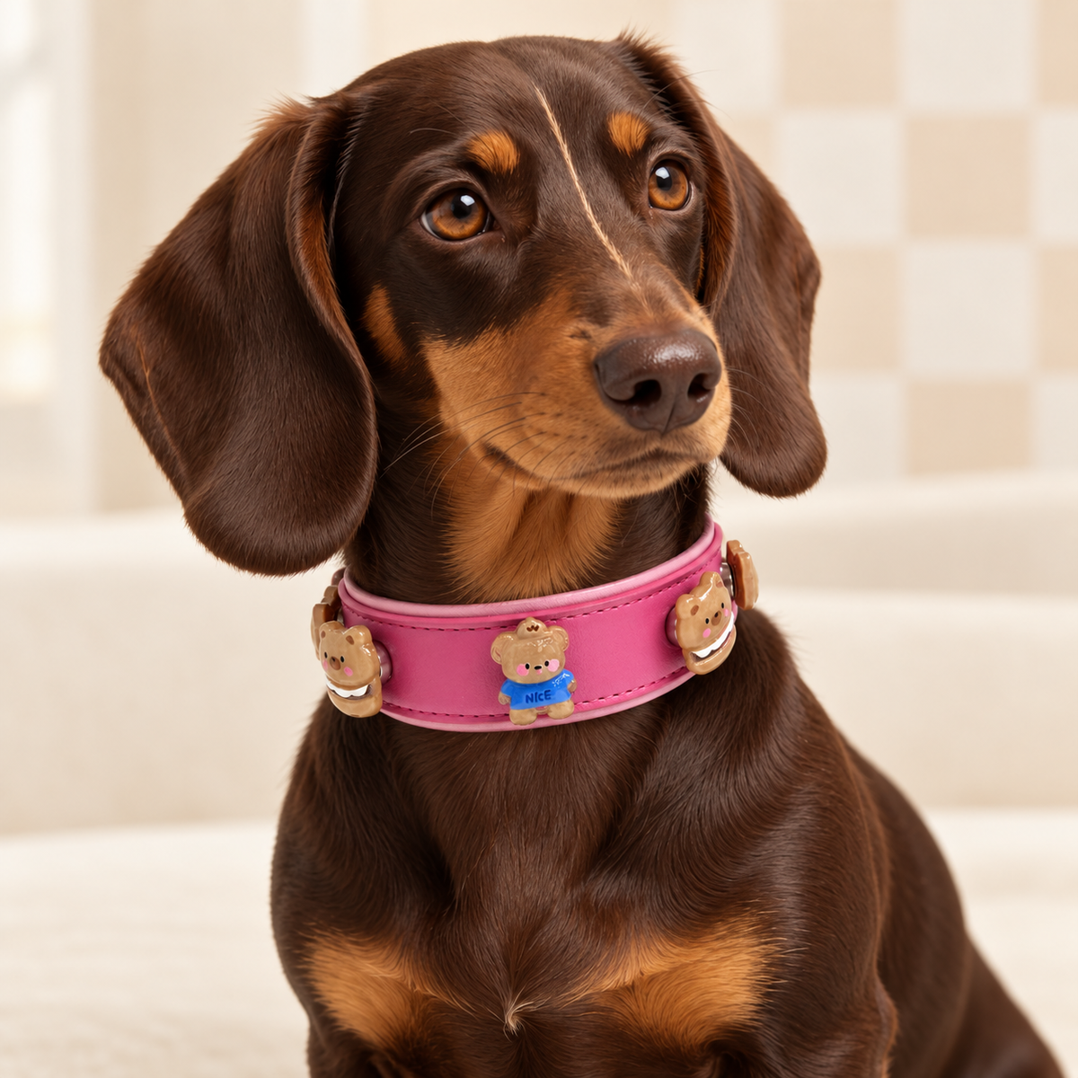 Dachshund wearing a pink PETIRIA collar styled with cute character dog collar charms