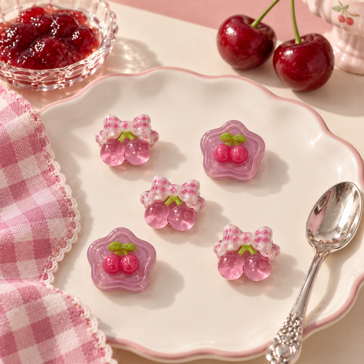 Cute cherry dog collar charm collection featuring double cherry and pink fruit designs