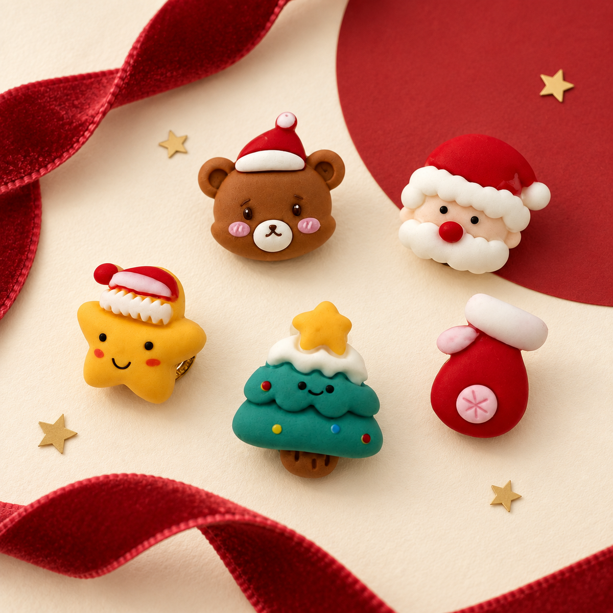 Cute Christmas dog collar charms featuring Santa Claus, Christmas bear, tree, Santa hat star and red gift sack