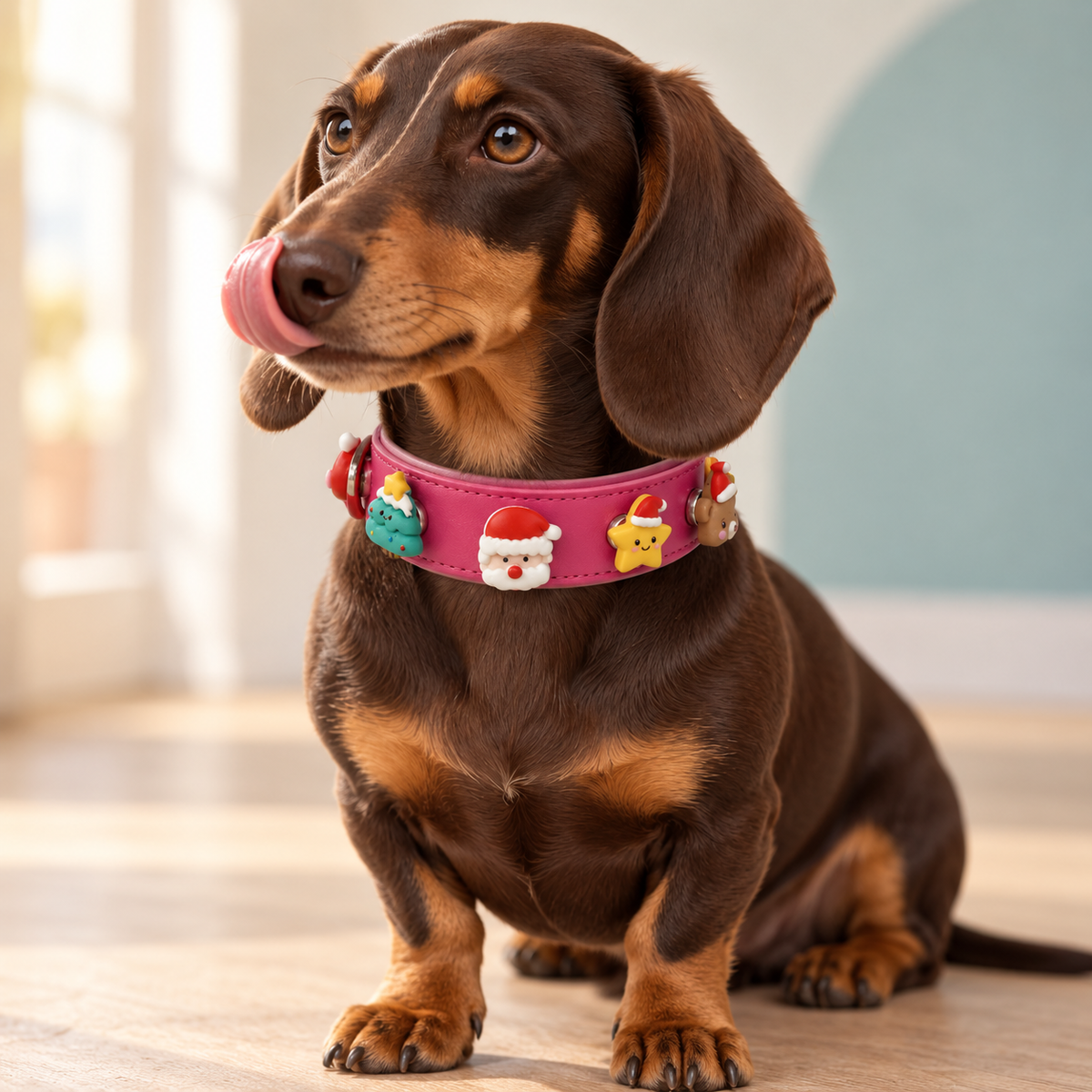 Dachshund wearing a Petiria collar with cute Santa, Christmas bear and festive Christmas dog collar charms