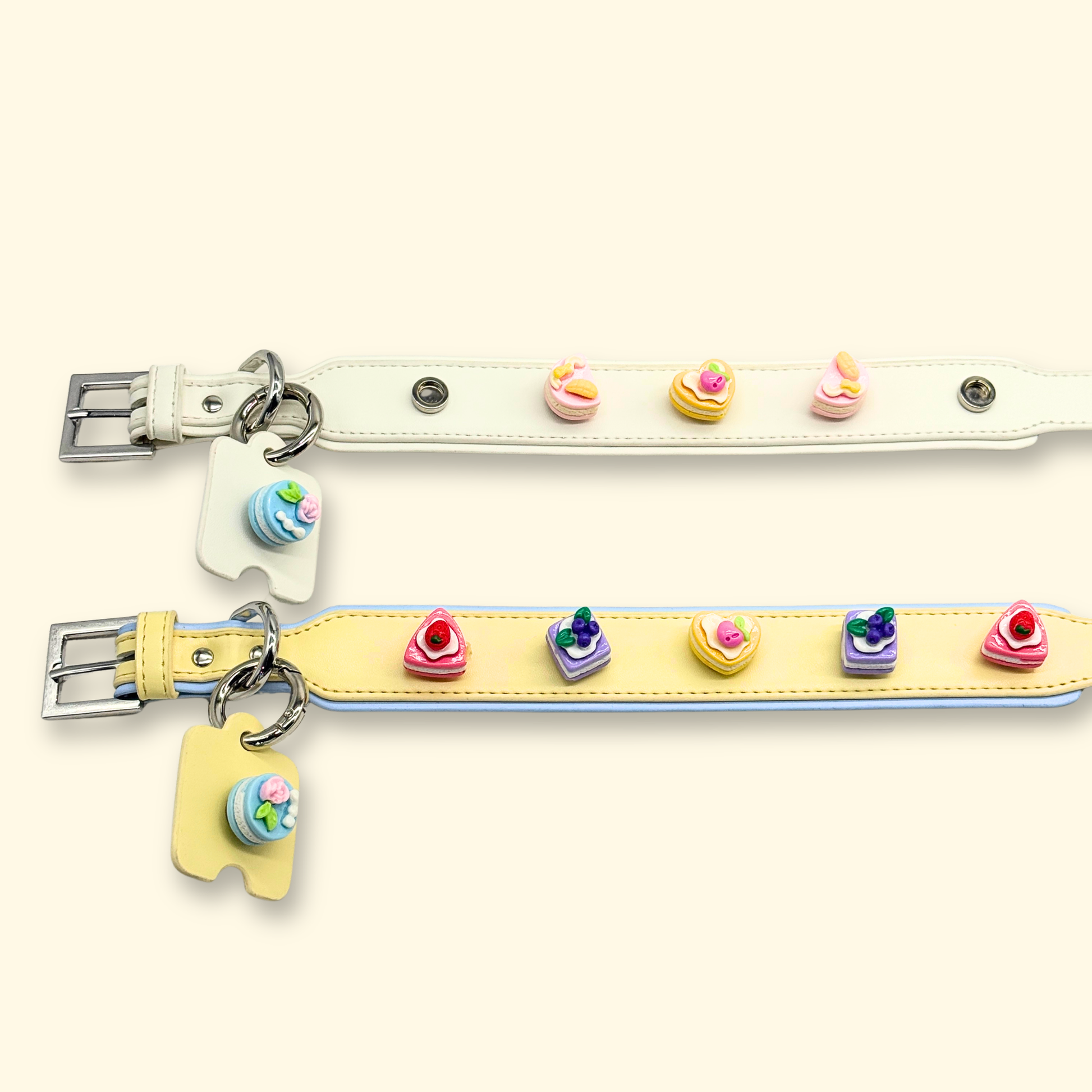 pastel pet collar charms with dessert cake accessory designs