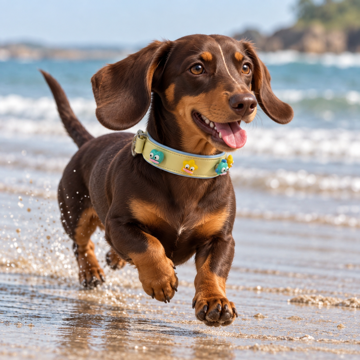 Dachshund running along the beach wearing a yellow Petiria collar with cute fish dog collar charms