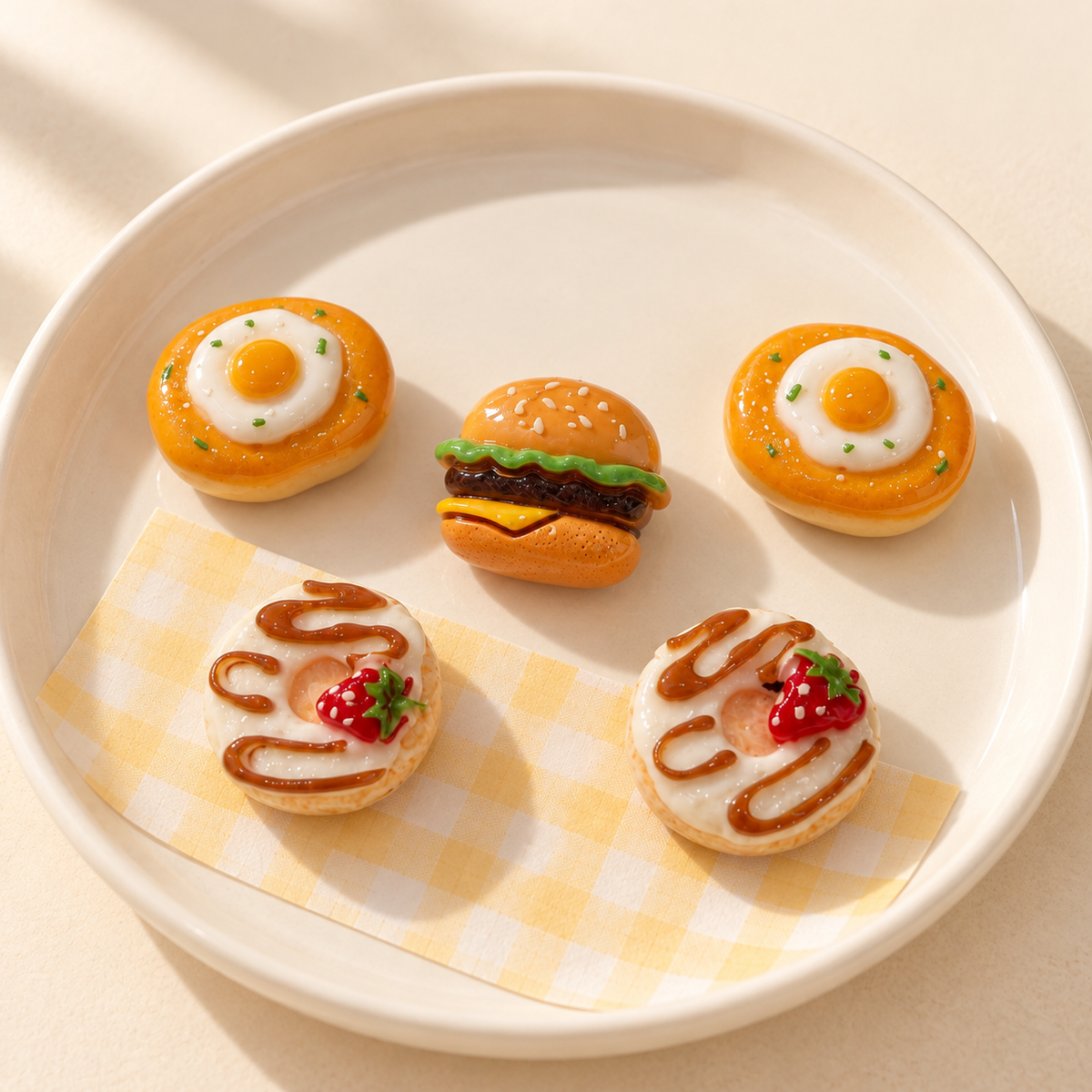 Cute food dog collar charms featuring fried egg, burger and strawberry treat designs