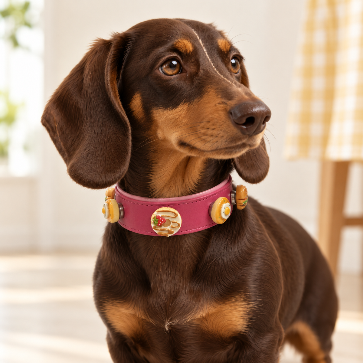 Dachshund wearing a pink collar styled with cute food dog collar charms